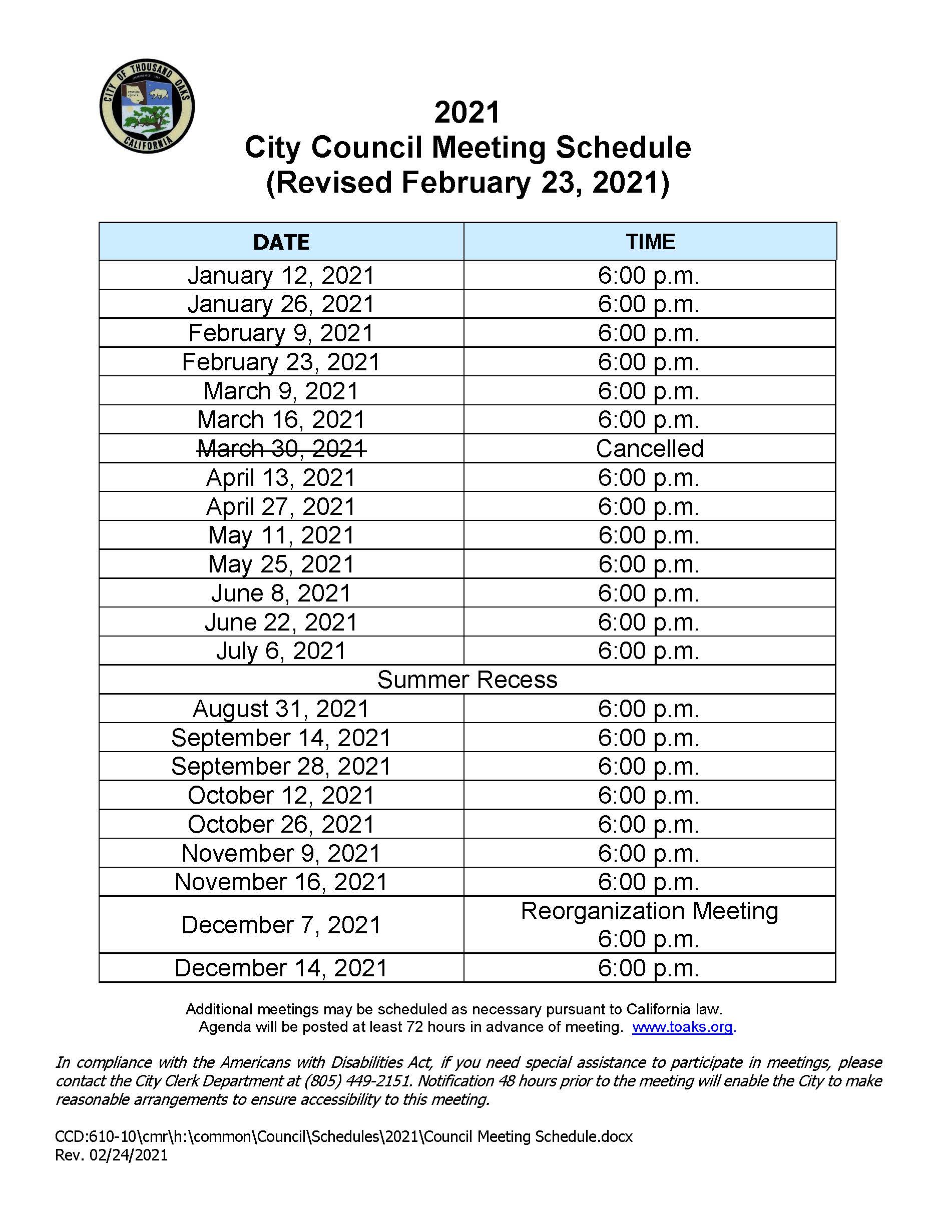 Council Meeting Schedule Thousand Oaks, CA